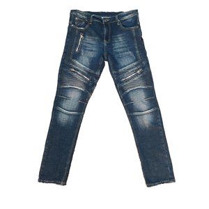 AITITIA Men's Biker Zipper Deco Washed Denim Fit Jeans